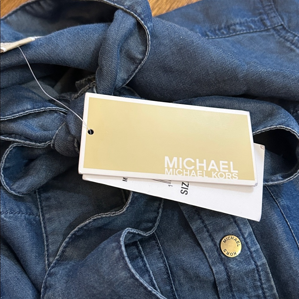 BNWT Michael Kors Lyocell Indigo Denim Bow-Tie Button-Down Shirt Sz M - Picture 7 of 9